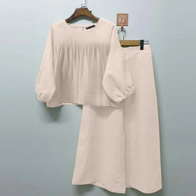 (image for)  2pcs Women Loose Fit Long Sleeve Top Long Trousers Casual Solid Color Two Piece Set Plus Size S-5XL
