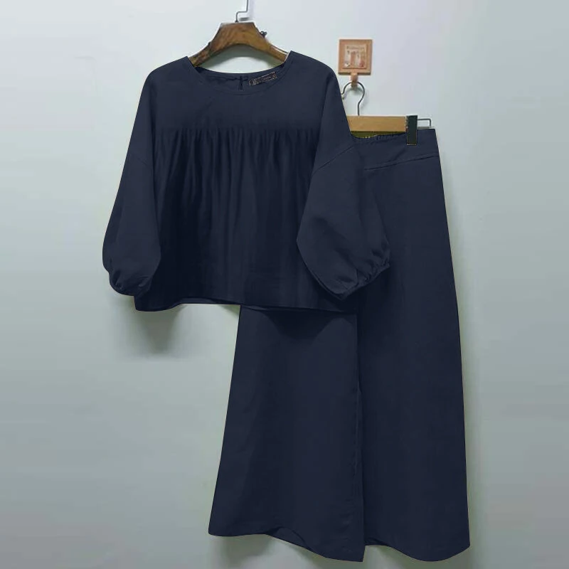 (image for)  2pcs Women Loose Fit Long Sleeve Top Long Trousers Casual Solid Color Two Piece Set Plus Size S-5XL