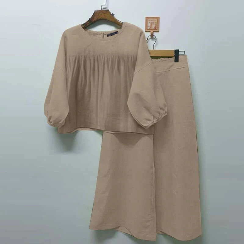 (image for)  2pcs Women Loose Fit Long Sleeve Top Long Trousers Casual Solid Color Two Piece Set Plus Size S-5XL