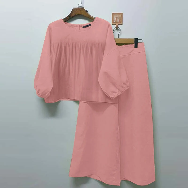 (image for)  2pcs Women Loose Fit Long Sleeve Top Long Trousers Casual Solid Color Two Piece Set Plus Size S-5XL