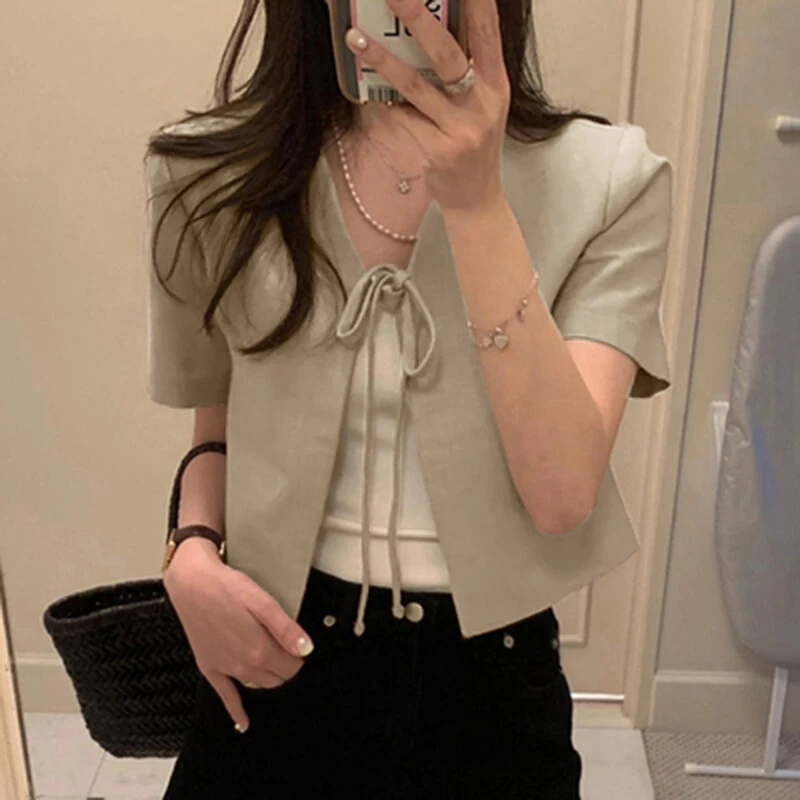 (image for)  Daily Short Suit Jacket with Tie Front Collar, Short Sleeves Cotton Linen Blend Women's Blazer