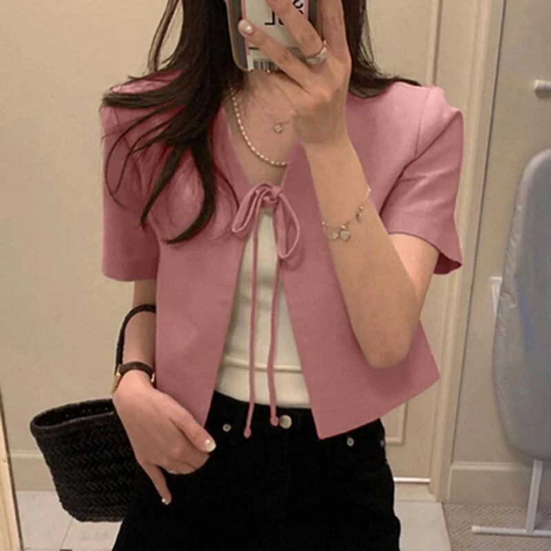 (image for)  Daily Short Suit Jacket with Tie Front Collar, Short Sleeves Cotton Linen Blend Women's Blazer