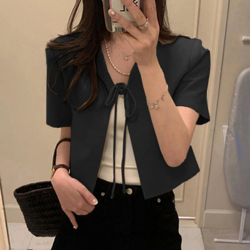 (image for)  Daily Short Suit Jacket with Tie Front Collar, Short Sleeves Cotton Linen Blend Women's Blazer