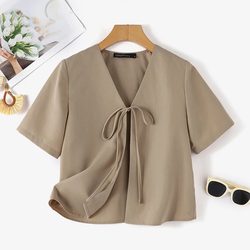 (image for)  Daily Short Suit Jacket with Tie Front Collar, Short Sleeves Cotton Linen Blend Women's Blazer