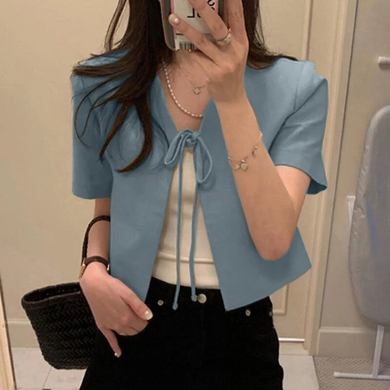(image for)  Daily Short Suit Jacket with Tie Front Collar, Short Sleeves Cotton Linen Blend Women's Blazer