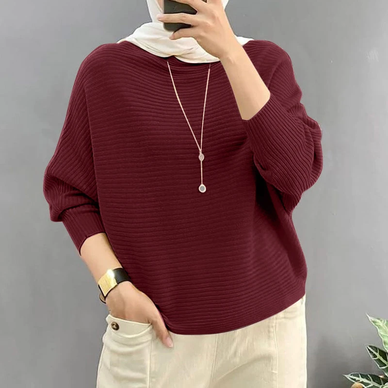 (image for)  Daily Style Women Knitted Long Sleeve Crew Neck T-shirt Casual Solid Loose Work Tops