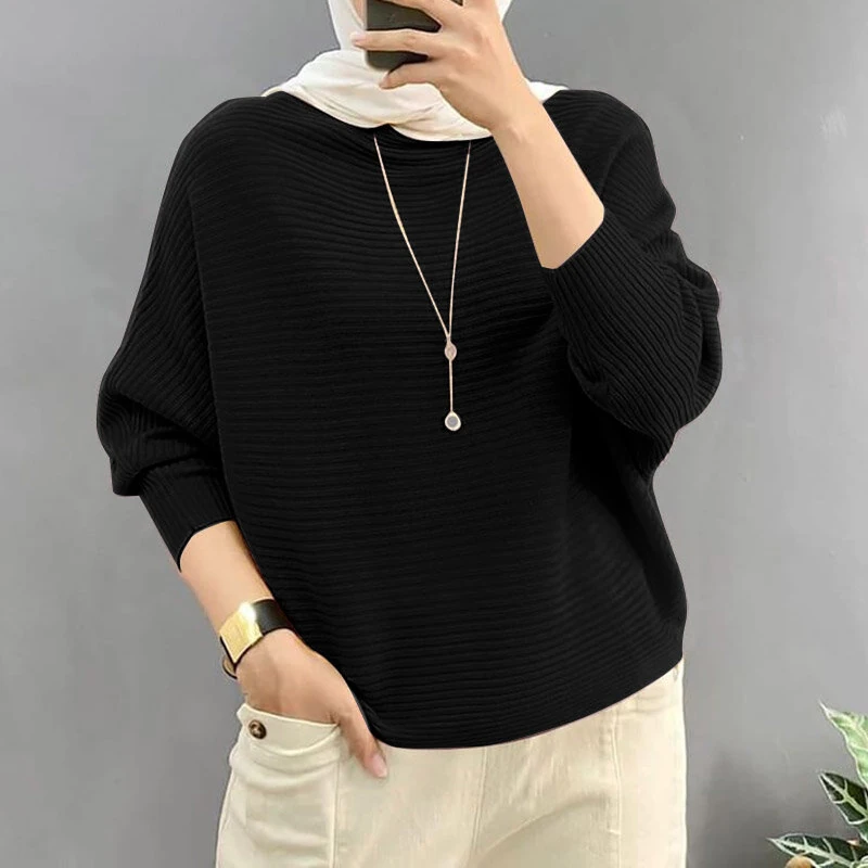 (image for)  Daily Style Women Knitted Long Sleeve Crew Neck T-shirt Casual Solid Loose Work Tops