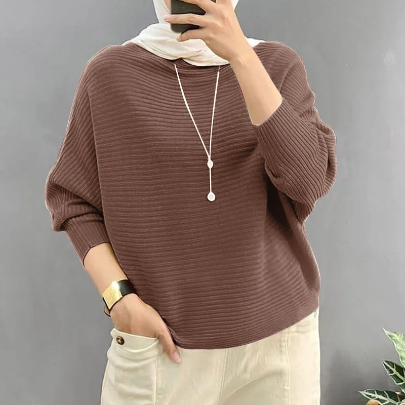 (image for)  Daily Style Women Knitted Long Sleeve Crew Neck T-shirt Casual Solid Loose Work Tops
