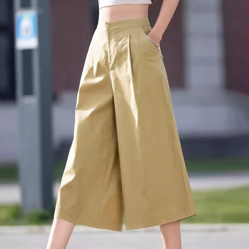 (image for)  Daily Style Womens Crop Long Pants High Waisted Casual Loose Wide Leg Trousers