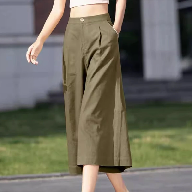(image for)  Daily Style Womens Crop Long Pants High Waisted Casual Loose Wide Leg Trousers