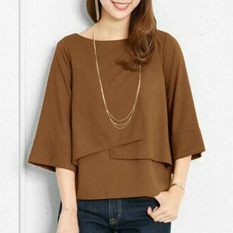 (image for)  Elegant Style Women's Blouse Round Neck Half Sleeve Double Layer Casual Shirt Fashion Pullover Top