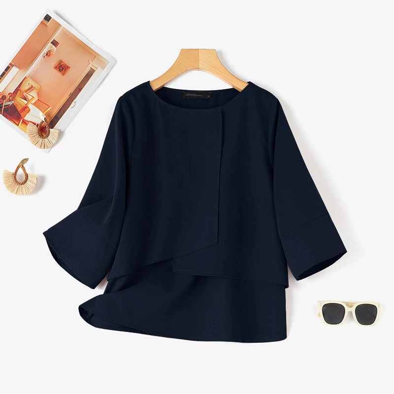 (image for)  Elegant Style Women's Blouse Round Neck Half Sleeve Double Layer Casual Shirt Fashion Pullover Top