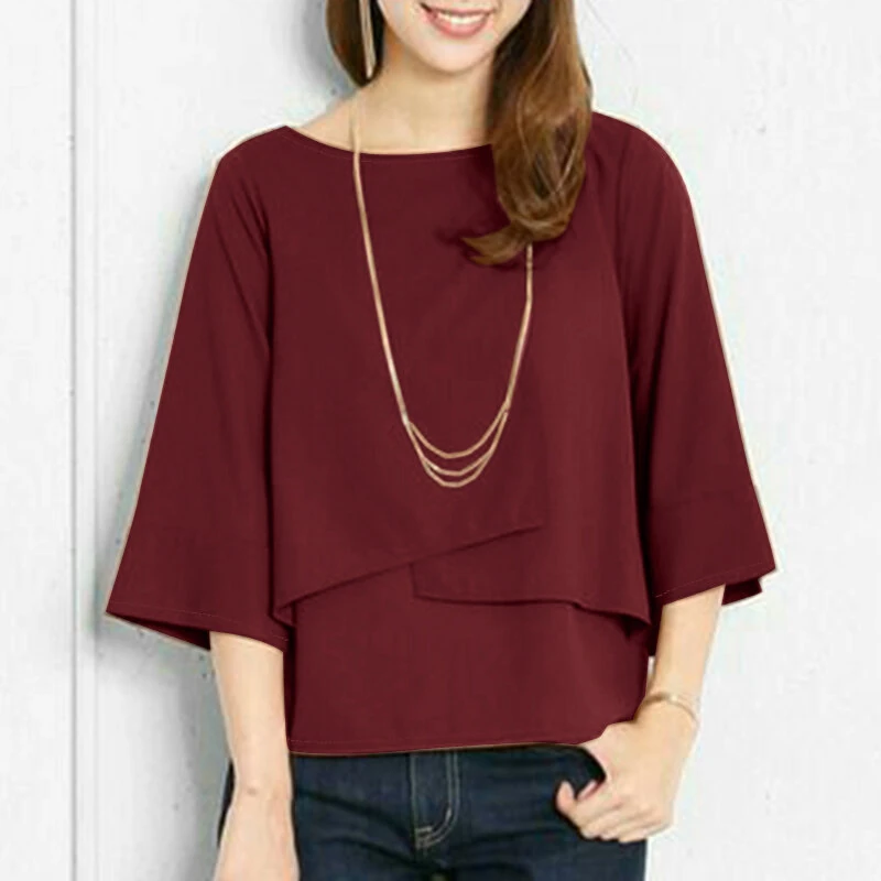 (image for)  Elegant Style Women's Blouse Round Neck Half Sleeve Double Layer Casual Shirt Fashion Pullover Top