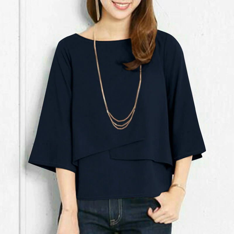 (image for)  Elegant Style Women's Blouse Round Neck Half Sleeve Double Layer Casual Shirt Fashion Pullover Top