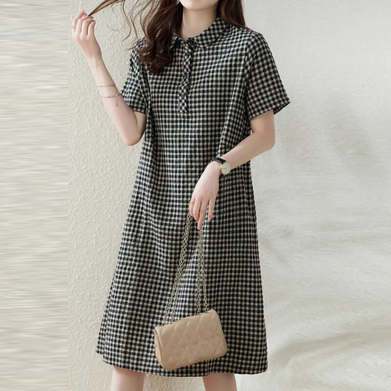 (image for)  Elegant Style Women's Dresses Daily Short Sleeve Lapel Plaid Loose Midi Shirt Dress