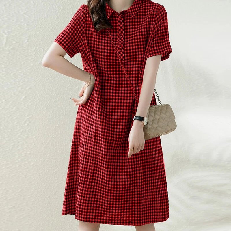 (image for)  Elegant Style Women's Dresses Daily Short Sleeve Lapel Plaid Loose Midi Shirt Dress