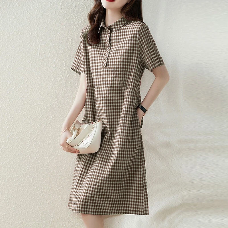 (image for)  Elegant Style Women's Dresses Daily Short Sleeve Lapel Plaid Loose Midi Shirt Dress