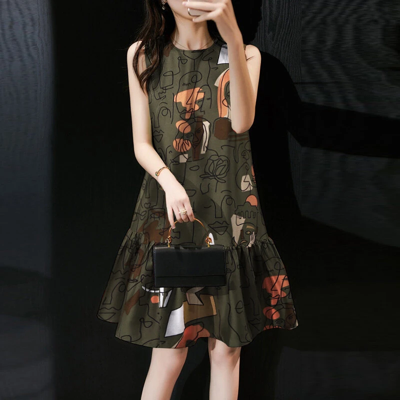 (image for)  Elegant Style Women's Dresses Sleeveless Round Neck Printed A-Line Mermaid Dress