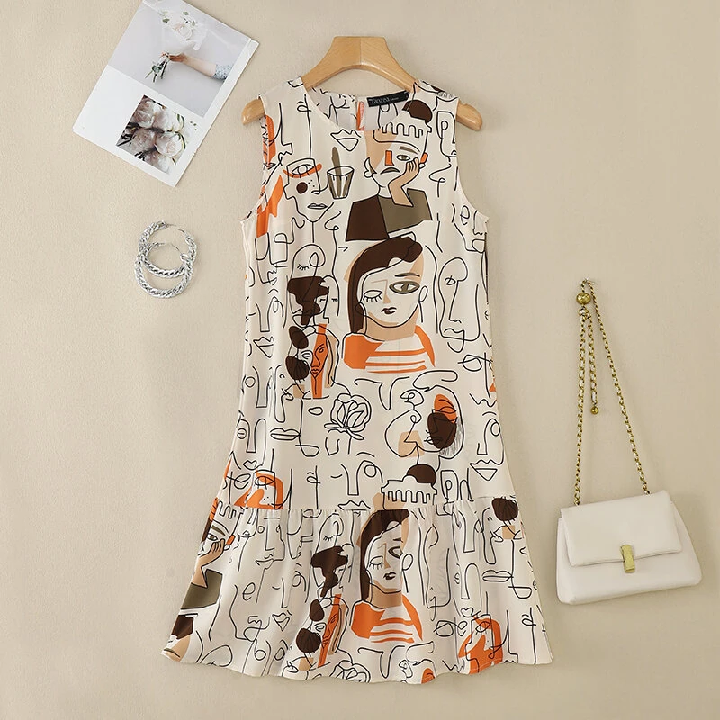 (image for)  Elegant Style Women's Dresses Sleeveless Round Neck Printed A-Line Mermaid Dress