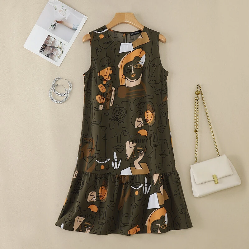(image for)  Elegant Style Women's Dresses Sleeveless Round Neck Printed A-Line Mermaid Dress