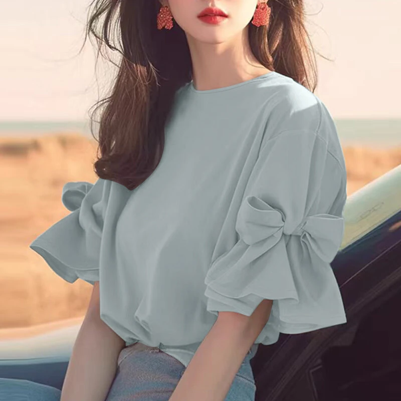 (image for)  Elegant Style Womens Shirts Blouses Ladylike Crew Neck Ruffled Sleeves Tops Side Bowknot Solid Blouses