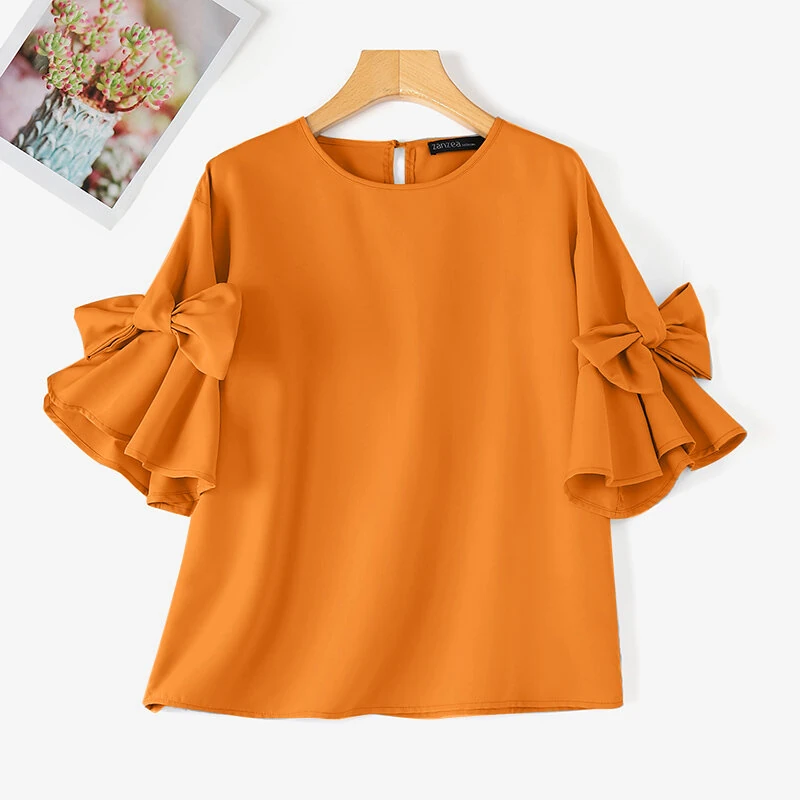 (image for)  Elegant Style Womens Shirts Blouses Ladylike Crew Neck Ruffled Sleeves Tops Side Bowknot Solid Blouses