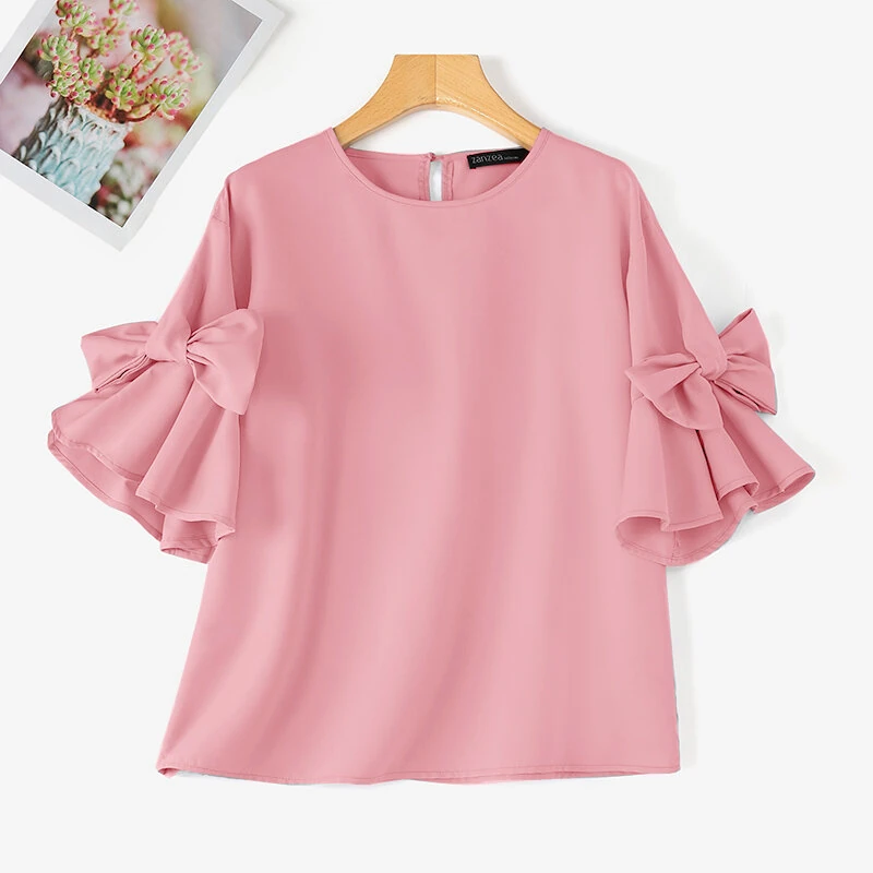 (image for)  Elegant Style Womens Shirts Blouses Ladylike Crew Neck Ruffled Sleeves Tops Side Bowknot Solid Blouses