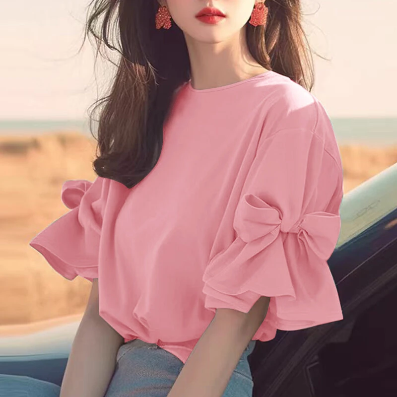 (image for)  Elegant Style Womens Shirts Blouses Ladylike Crew Neck Ruffled Sleeves Tops Side Bowknot Solid Blouses