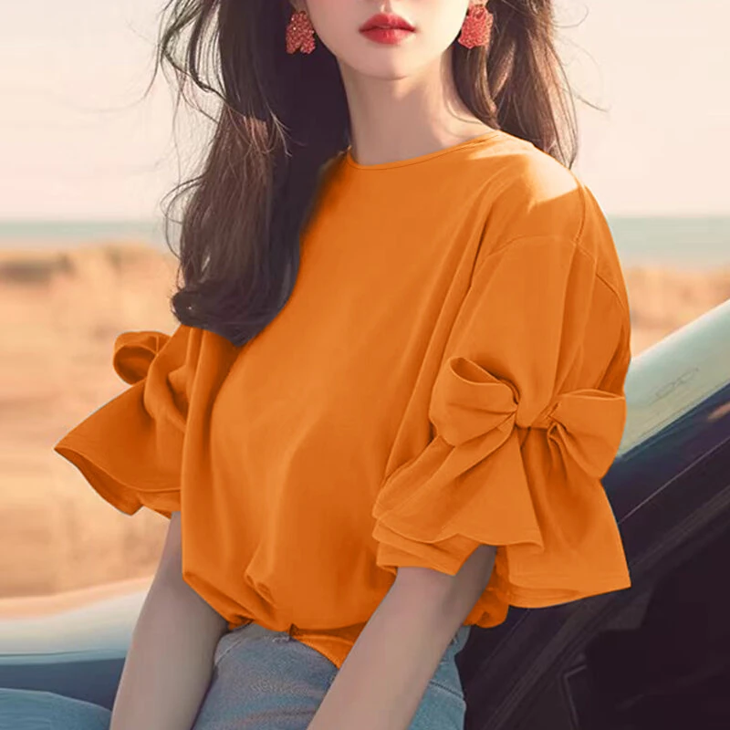 (image for)  Elegant Style Womens Shirts Blouses Ladylike Crew Neck Ruffled Sleeves Tops Side Bowknot Solid Blouses