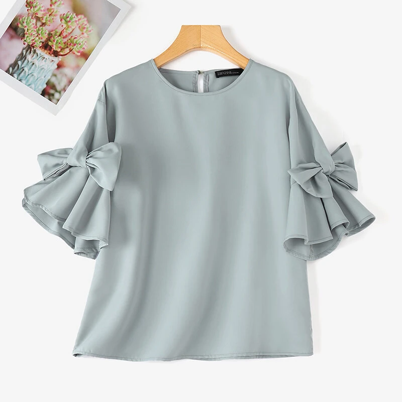 (image for)  Elegant Style Womens Shirts Blouses Ladylike Crew Neck Ruffled Sleeves Tops Side Bowknot Solid Blouses