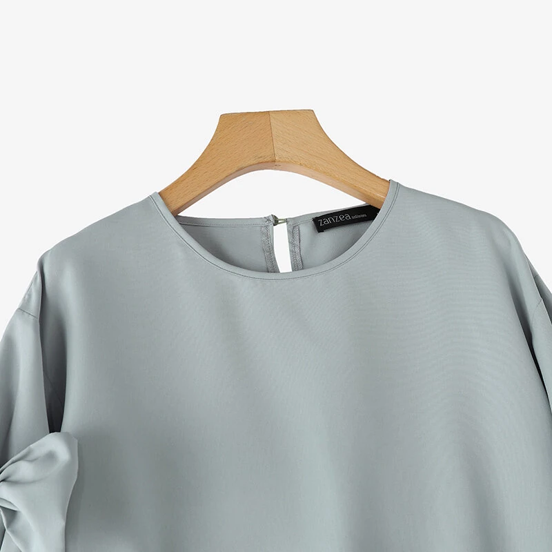 (image for)  Elegant Style Womens Shirts Blouses Ladylike Crew Neck Ruffled Sleeves Tops Side Bowknot Solid Blouses