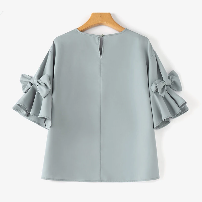 (image for)  Elegant Style Womens Shirts Blouses Ladylike Crew Neck Ruffled Sleeves Tops Side Bowknot Solid Blouses