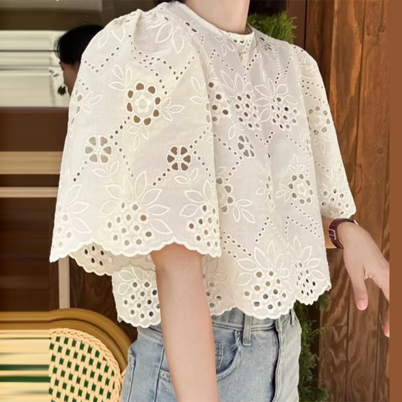 (image for)  Elegant Style Womens Vintage Casual Cotton Crop Shirts Top Vacation Crew Neck Hollow Embroidery Blouses