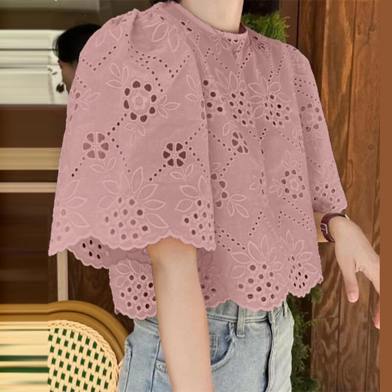 (image for)  Elegant Style Womens Vintage Casual Cotton Crop Shirts Top Vacation Crew Neck Hollow Embroidery Blouses