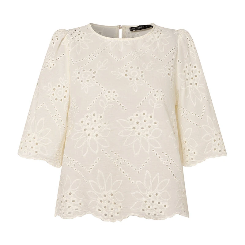 (image for)  Elegant Style Womens Vintage Casual Cotton Crop Shirts Top Vacation Crew Neck Hollow Embroidery Blouses