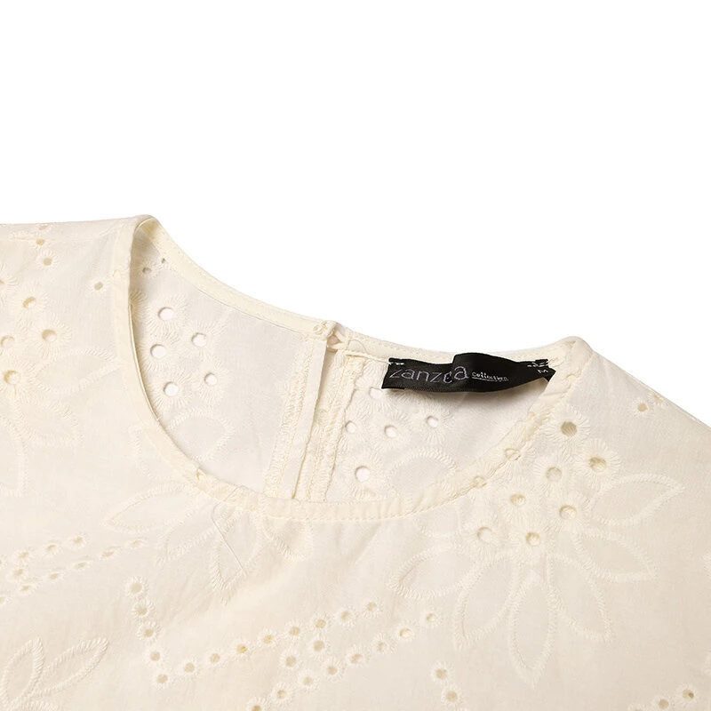 (image for)  Elegant Style Womens Vintage Casual Cotton Crop Shirts Top Vacation Crew Neck Hollow Embroidery Blouses