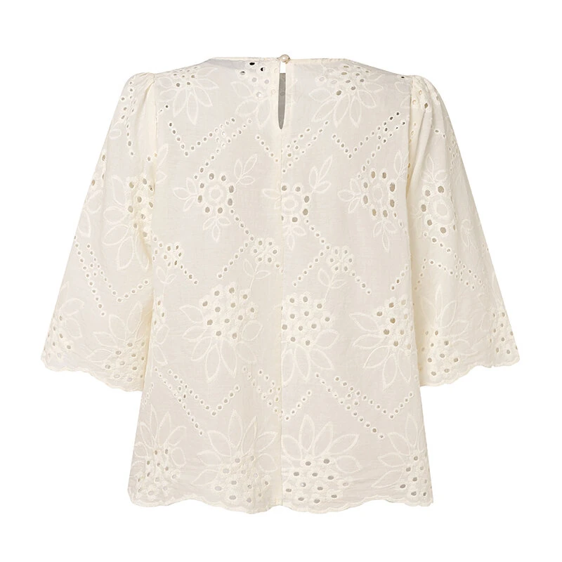 (image for)  Elegant Style Womens Vintage Casual Cotton Crop Shirts Top Vacation Crew Neck Hollow Embroidery Blouses