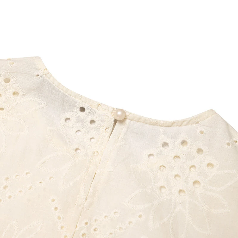 (image for)  Elegant Style Womens Vintage Casual Cotton Crop Shirts Top Vacation Crew Neck Hollow Embroidery Blouses