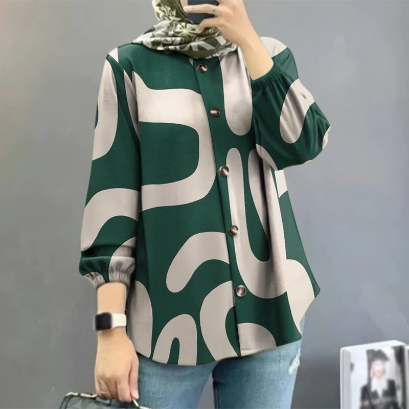 (image for)  Ethnic Style Women Blouse Lantern Sleeve Geometric Pattern Shirt Fashion O-Neck Button Up Top
