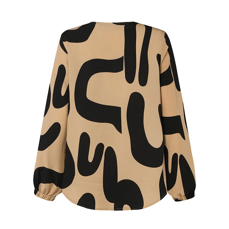 (image for)  Ethnic Style Women Blouse Lantern Sleeve Geometric Pattern Shirt Fashion O-Neck Button Up Top