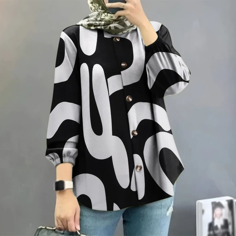 (image for)  Ethnic Style Women Blouse Lantern Sleeve Geometric Pattern Shirt Fashion O-Neck Button Up Top