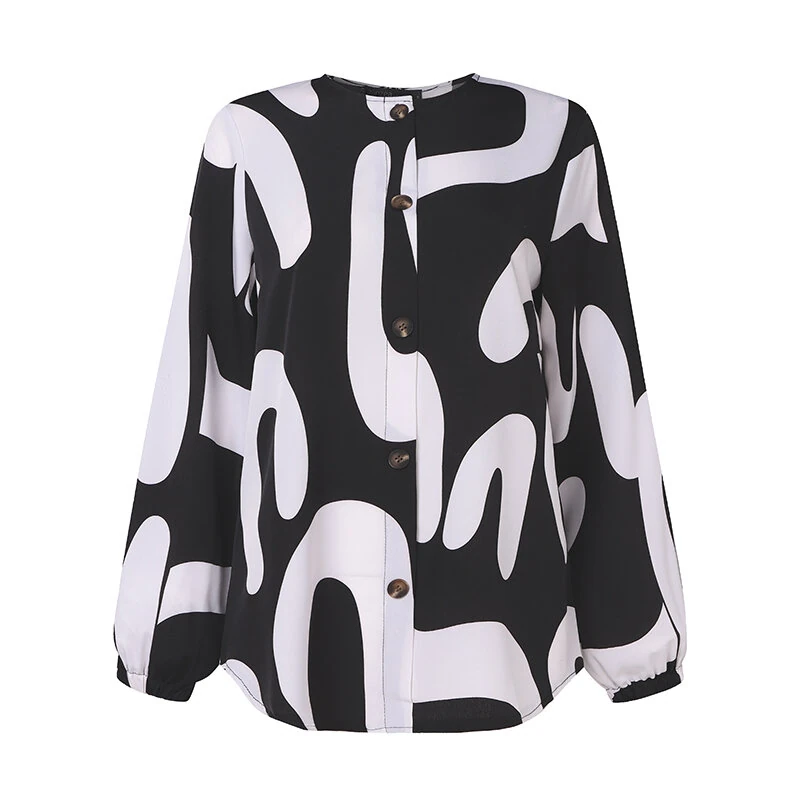 (image for)  Ethnic Style Women Blouse Lantern Sleeve Geometric Pattern Shirt Fashion O-Neck Button Up Top