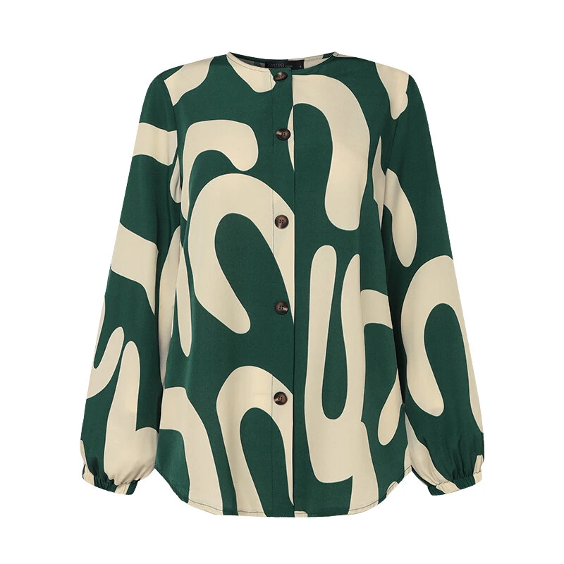 (image for)  Ethnic Style Women Blouse Lantern Sleeve Geometric Pattern Shirt Fashion O-Neck Button Up Top