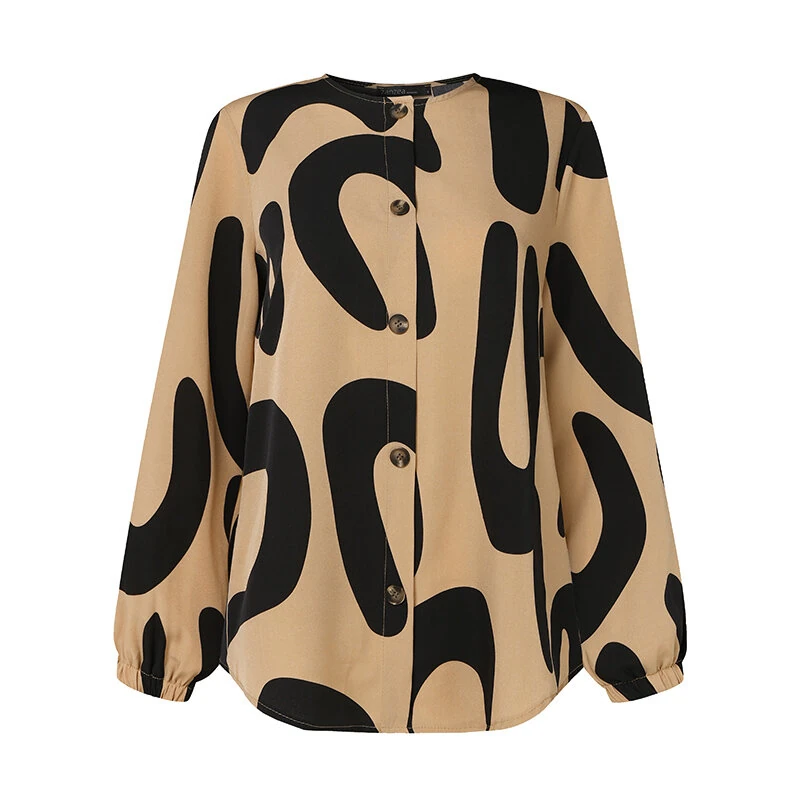(image for)  Ethnic Style Women Blouse Lantern Sleeve Geometric Pattern Shirt Fashion O-Neck Button Up Top