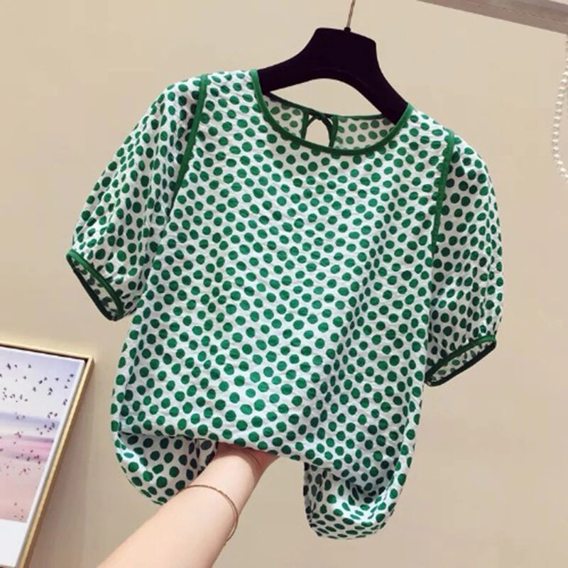 (image for)  Females Polka Dot Top with Back Tie Lantern Sleeve and Open-Front Design, Womens Crew Neck Blouses Short Sleeve Shirts Plus Size S-5XL