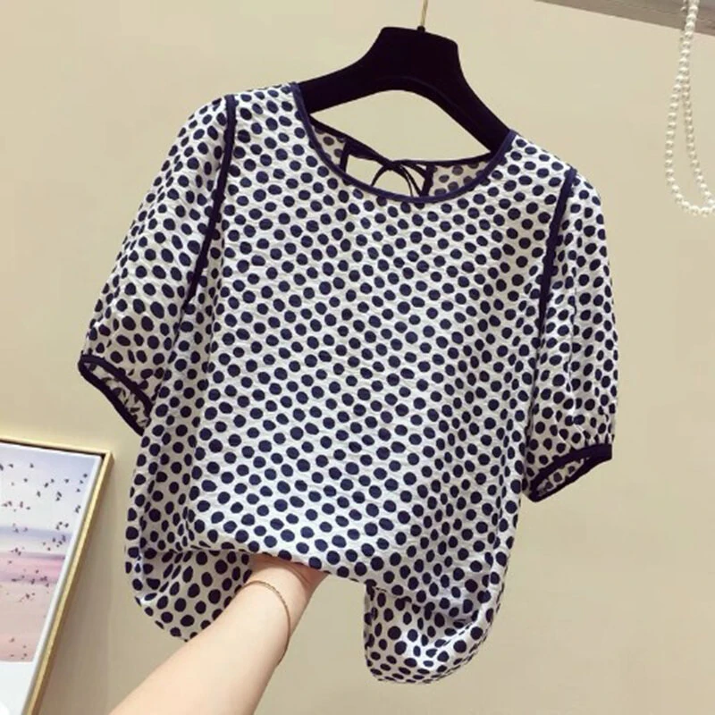 (image for)  Females Polka Dot Top with Back Tie Lantern Sleeve and Open-Front Design, Womens Crew Neck Blouses Short Sleeve Shirts Plus Size S-5XL
