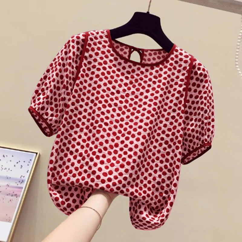 (image for)  Females Polka Dot Top with Back Tie Lantern Sleeve and Open-Front Design, Womens Crew Neck Blouses Short Sleeve Shirts Plus Size S-5XL