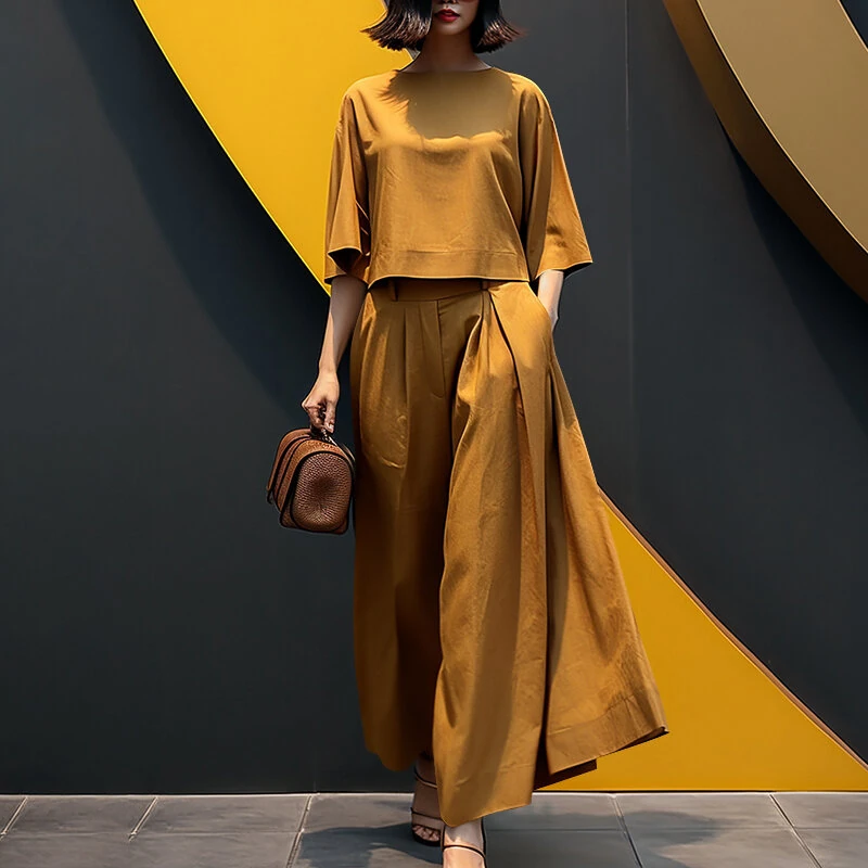 (image for)  Korean Style Womens Elegant Sets Short Sleeve Blouse Top Wide Leg Loose Trousers Casual Suit