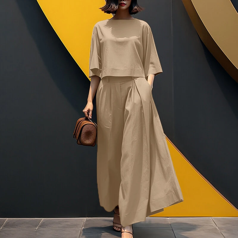 (image for)  Korean Style Womens Elegant Sets Short Sleeve Blouse Top Wide Leg Loose Trousers Casual Suit