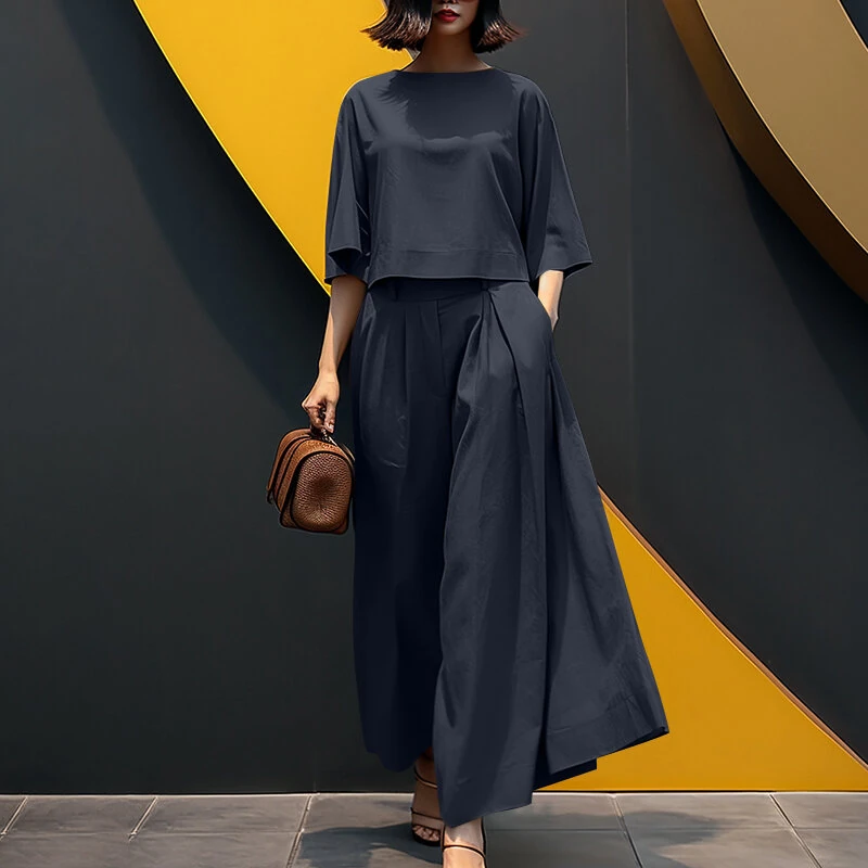 (image for)  Korean Style Womens Elegant Sets Short Sleeve Blouse Top Wide Leg Loose Trousers Casual Suit